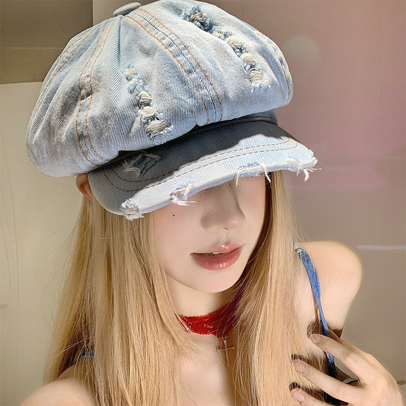 韩版夏季牛仔水洗做旧破洞贝雷帽女大头围云朵帽小众显脸小帽子潮