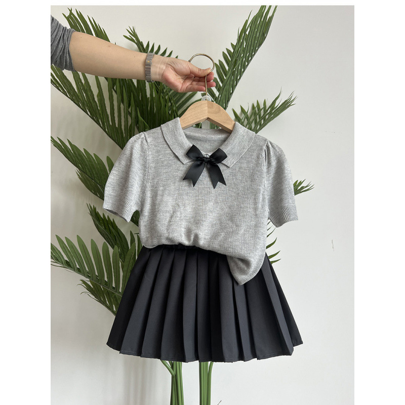 Girls' Summer Collared Bow Short-Sleeve T-Shirt Skirt Pleated Skirt Children's Cool Knit Top