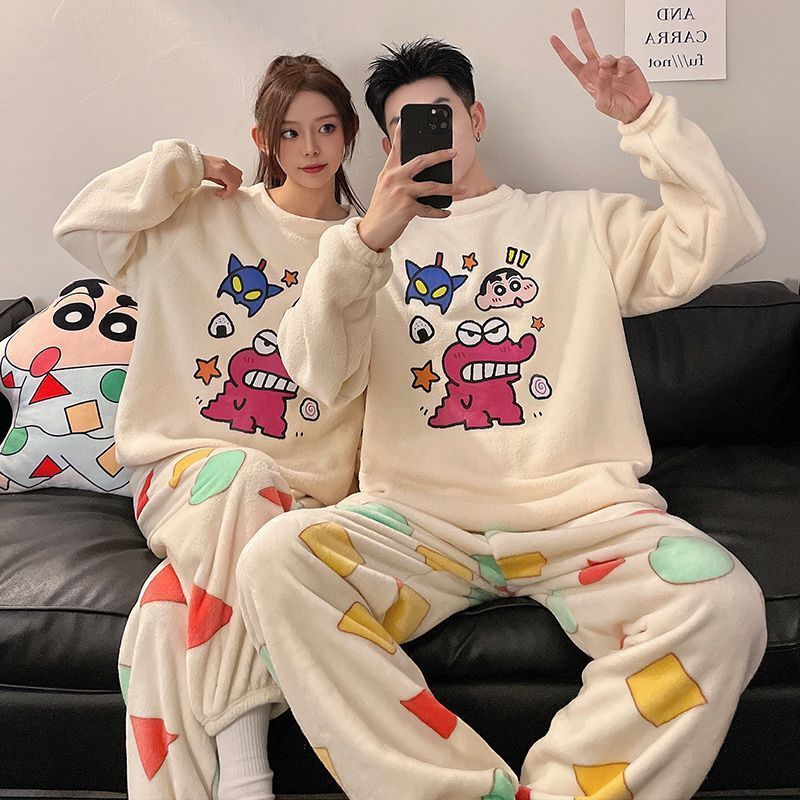 240g couple's pajamas, women's coral fleece, thickened for autumn and winter, round neck, cartoon design, men's set, can be worn as loungewear 240g couple's pajamas, women's coral fleece, thickened for autumn and winter, round neck, cartoon design, men's set, can be worn as loungewear