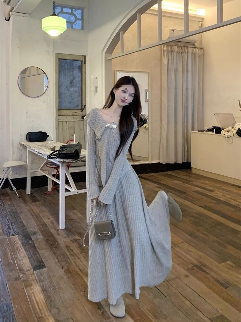 甜美时尚套装设计感不规则针织毛衣高腰半身长裙春秋女两件套减龄
