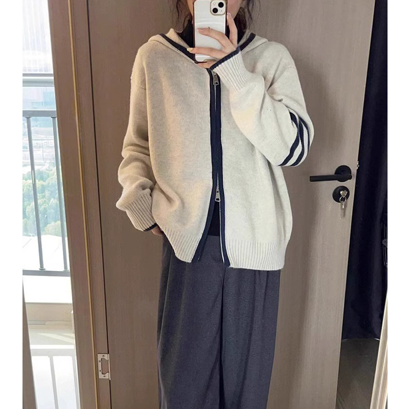 春秋拉链连帽撞色针织开衫女新款设计感小众复古外搭毛衣外套上衣|undefined