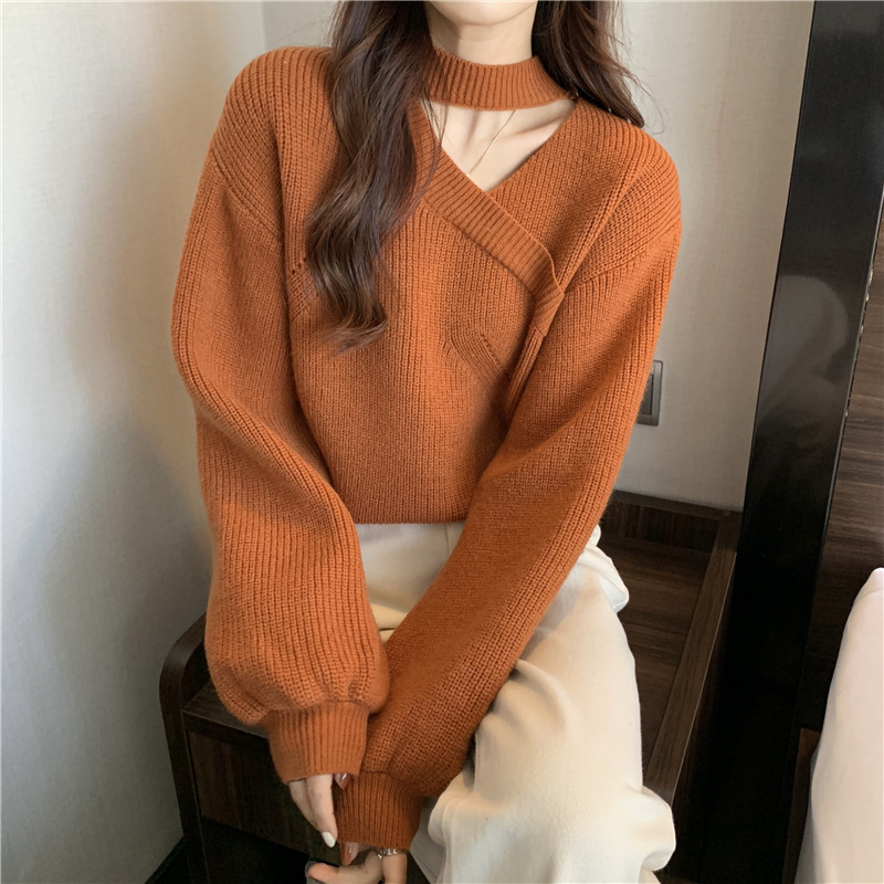 Knitted Sweater with Lantern Sleeves, 24 Autumn/Winter Women's Solid Color Niche V-Neck Long-Sleeve Top, Women's Lantern Sleeve Sweater