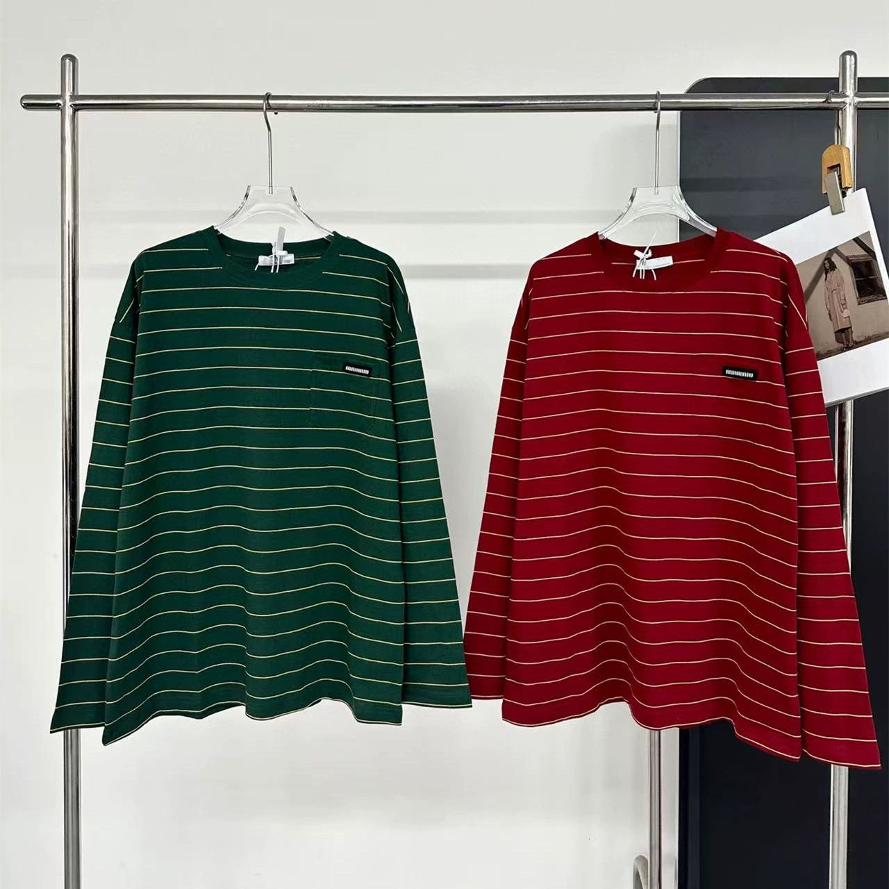 2025 новый стиль в полоску с длинным рукавом с круглым вырезом футболка с логотипом карманная повседневная свободная весна осень miu минималистичный трансграничная трансляция