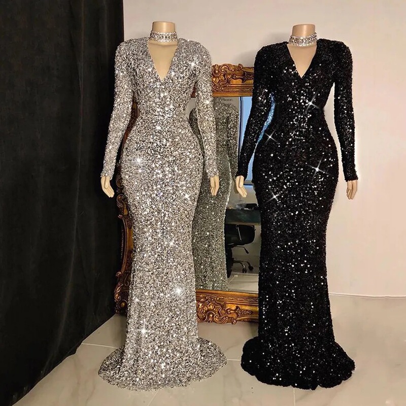 2026 Cross-Border New Style Sequin V-Neck Long-Sleeve Host Performance Banquet High-End Sexy Trailing Tight Evening Dress