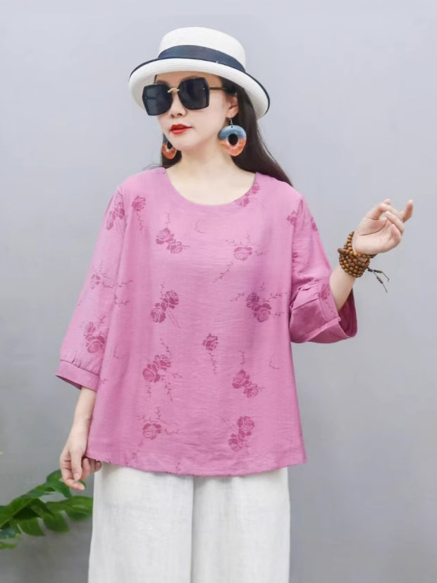 2025 nueva camiseta china de mujer impresa suelta de manga corta camiseta de verano camiseta de base de cuello redondo literaria
