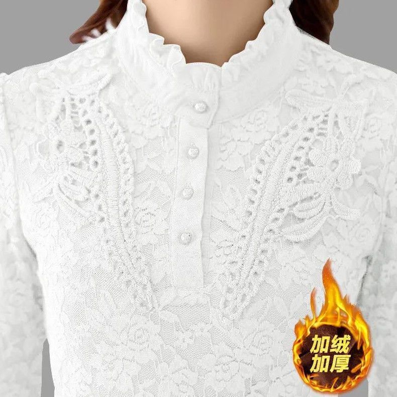 Mesh Blouse Long-Sleeved Plus Size Women's Autumn and Winter New High-Neck Lace Top Versatile Velvet Thickened Bottoming Shirt for Women Mesh Blouse Long-Sleeved Plus Size Women's Autumn and Winter New High-Neck Lace Top Versatile Velvet Thickened Bottoming Shirt for Women