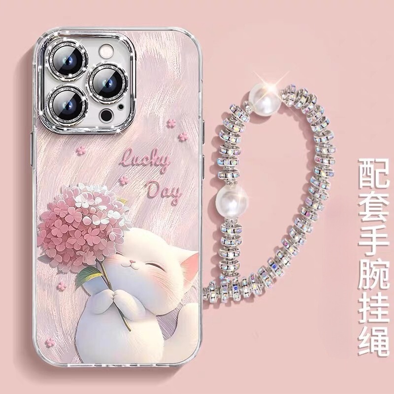 Suitable for Apple 16 Mobile Phone Case Iphone15 Cute Cat 14 Bracelet 13 Anti-Fall Feather Yarn All-Inclusive High-End Sense