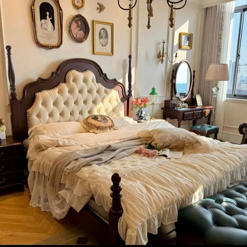 Anna Bed French Retro Style American Solid Wood Double Bed Master Bedroom 1.8m Upholstered Mid-Century Style High-End Wedding Bed