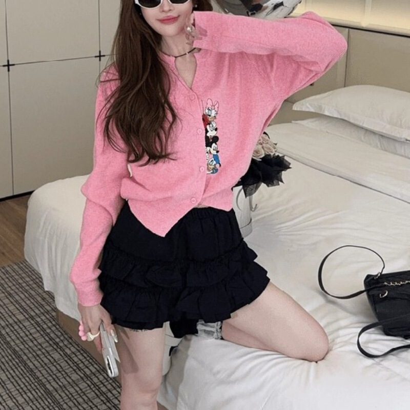 Mickey Embroidered Knitted Cardigan for Women 2026 Spring and Autumn New Korean Style Loose Slimming Versatile Sweater Jacket Trendy Top