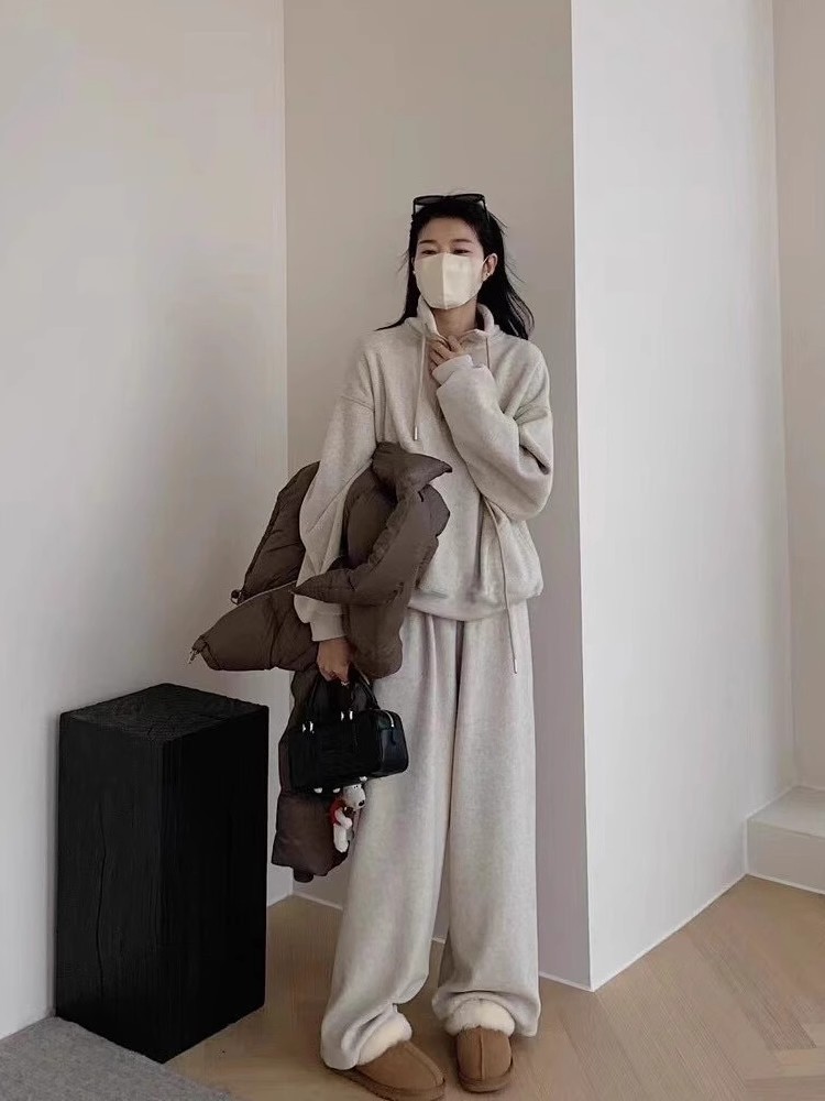 Tuta sportiva casual in cashmere ActiveGo Lazy Style per donna, felpa con collo alto e gamba larga, foderata in pile, calda per autunno e inverno_voghion.com