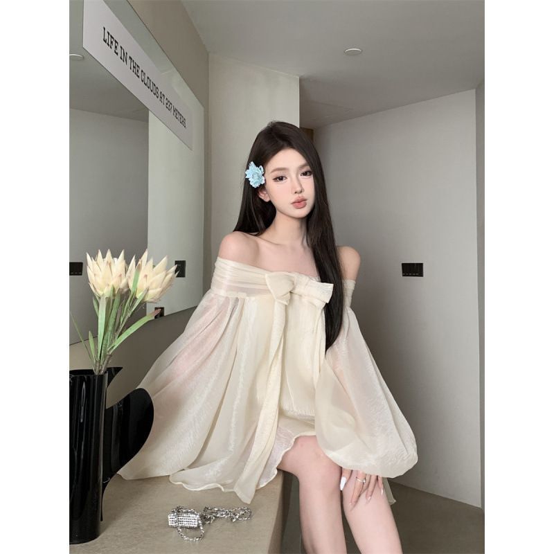 Vacation Style Bow-Knot One-Shoulder Chiffon Dress, New Summer Style, Gentle Style, Loose A-Line Skirt for Small People
