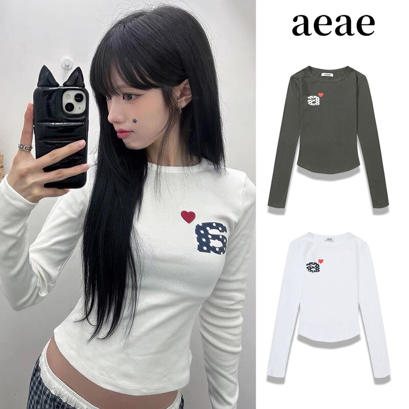 Korean niche fashion brand aeae long-sleeve women's early autumn A-letter heart print slim-fit versatile short T-shirt top