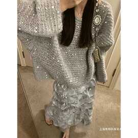 深冬装搭配一整套韩剧穿搭灰色亮片上衣超好看半身裙两件套装