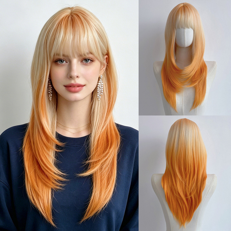 Amazon Cross-Border New Product: Gradient Synthetic Fiber Wig with Full Bangs, Medium-Length Straight Hair, Halloween Party Style Amazon Cross-Border New Product: Gradient Synthetic Fiber Wig with Full Bangs, Medium-Length Straight Hair, Halloween Party Style