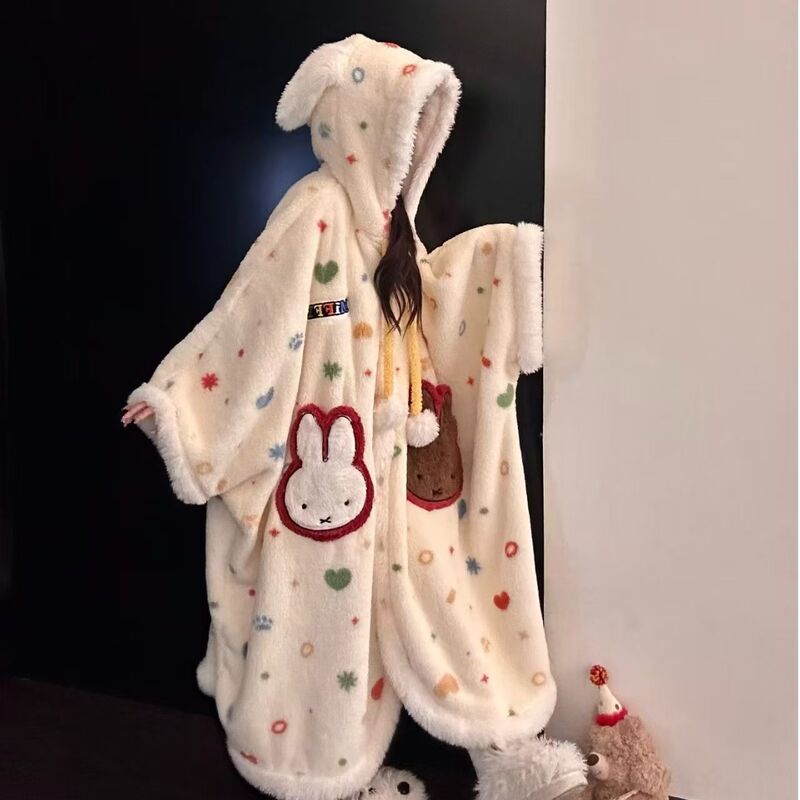 Cute Girl Miffy Rabbit Hooded Coral Fleece Bathrobe for Women, Winter Thickened Fleece Cape Pajamas Loungewear Set Cute Girl Miffy Rabbit Hooded Coral Fleece Bathrobe for Women, Winter Thickened Fleece Cape Pajamas Loungewear Set