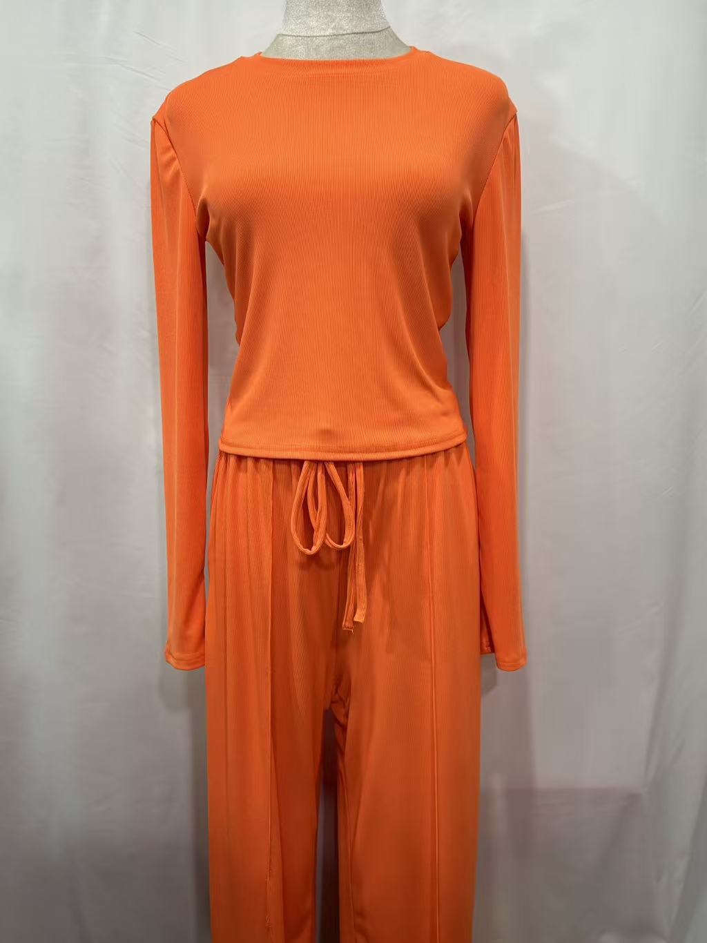 European American Cross-border Solid Color Ribbed Two-piece Set: Slim-fit Short Long-sleeve Top And Drawstring_ecoleips.com