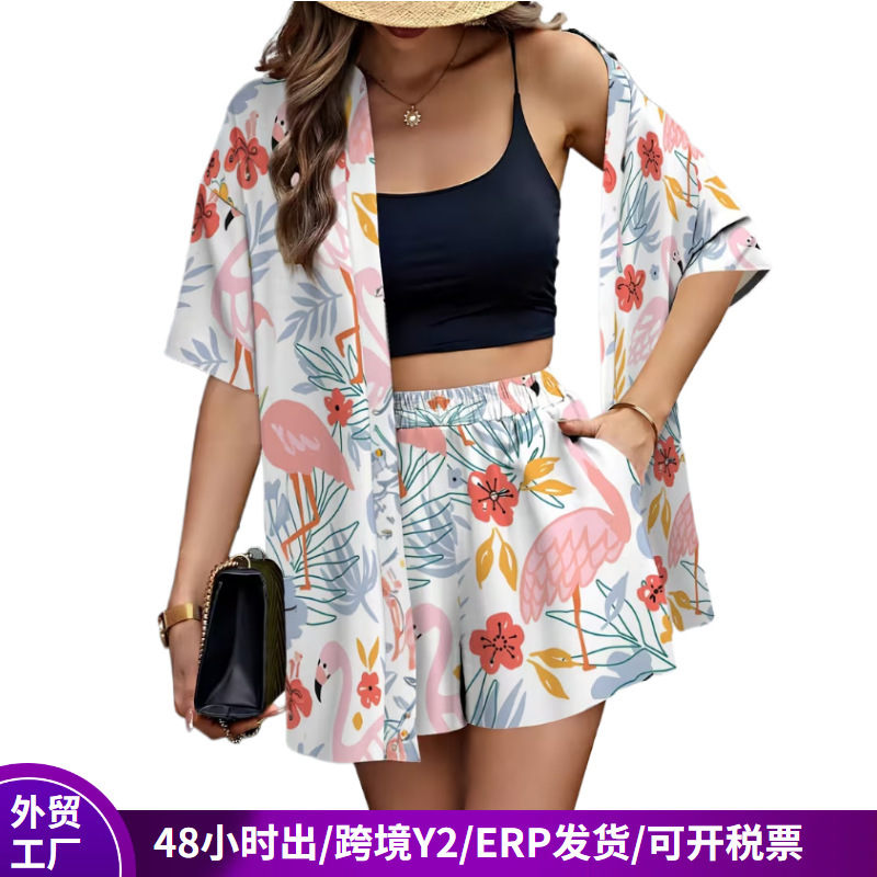 Foreign Trade Dropshipping Summer Short-Sleeved Cardigan Casual Beach Pants Set Digital Print Cape Shorts Two-Piece Set