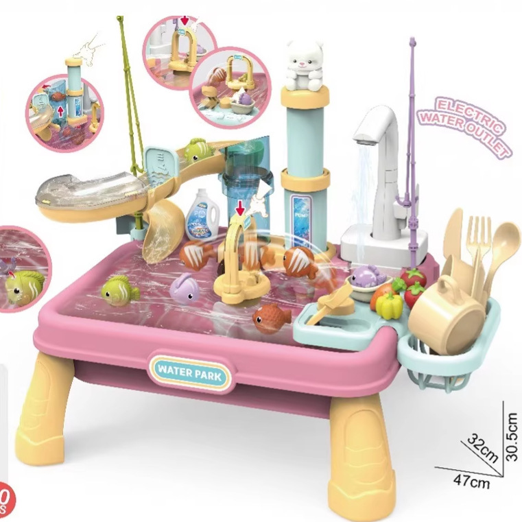 Comercio exterior infantil circulación eléctrica lavavajillas cocina lavabo conjunto de juguetes de mesa de pesca de agua