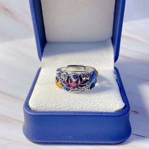 Plain silver cloisonné lotus carp hollow national style ring retro old craft open ring simple silver hand jewelry