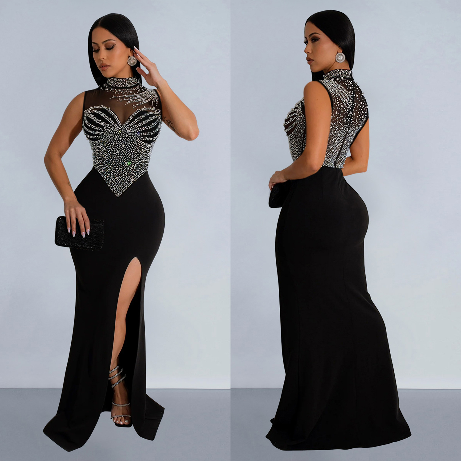 C6913 Aliexpress transfronterizo amazon ropa de moda europea y americana de color sólido malla de diamante vestido sin mangas image 3