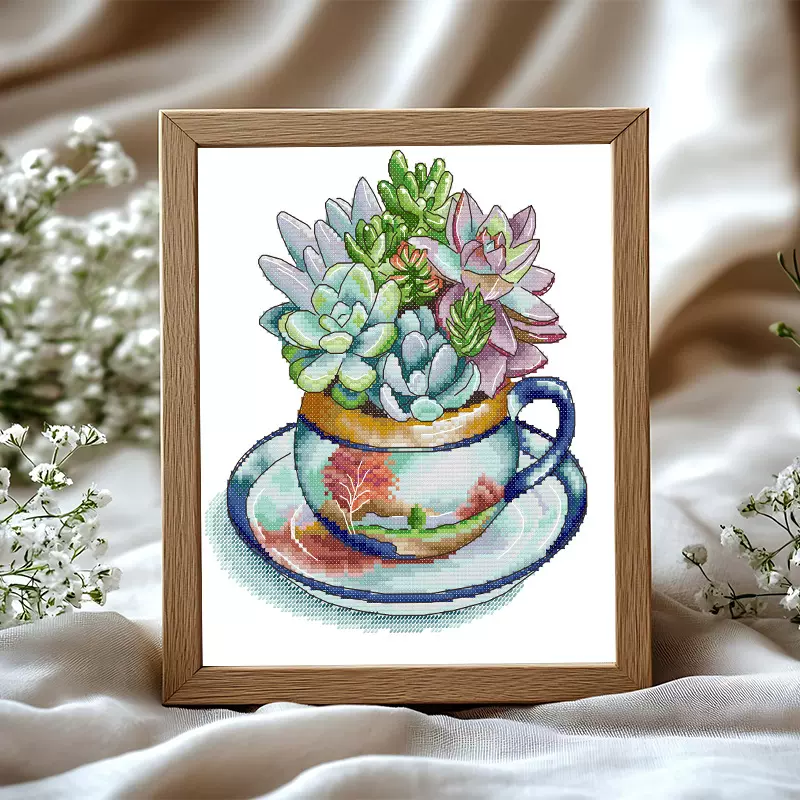 NKF2025年新款十字绣 茶杯多肉 客厅装饰画DIY刺绣套件 批发