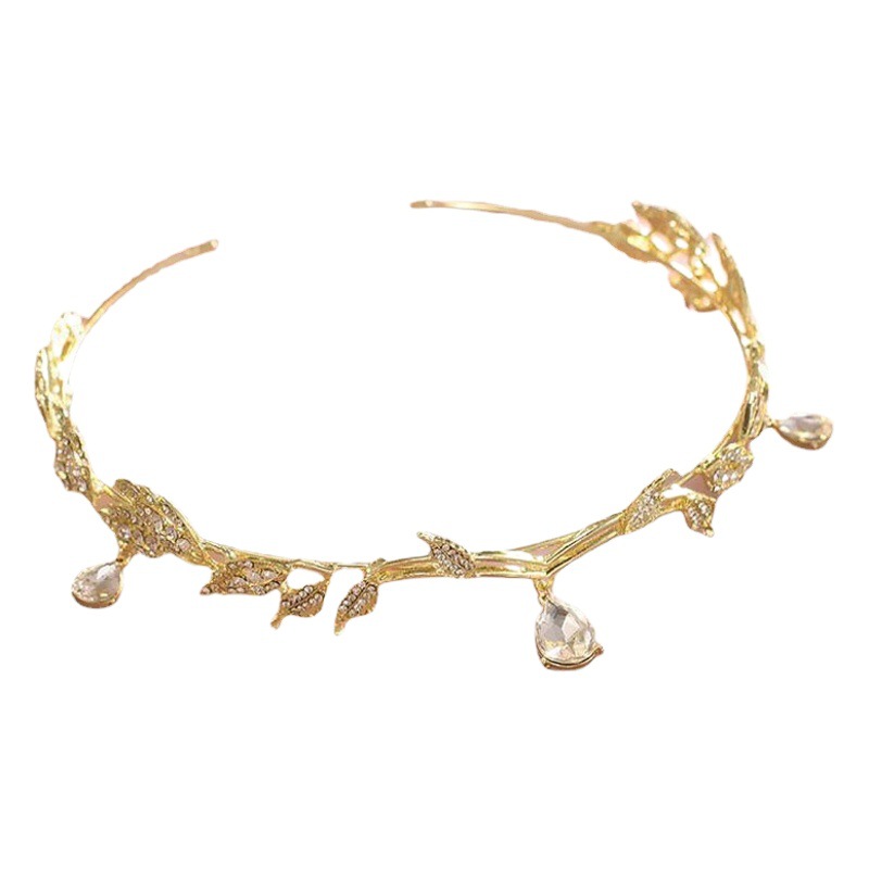 Corona Mori hojas gota de agua llena de diamantes nupcial frente decoración ceja gota Rhinestone boda tocado completo diamante corona diadema
