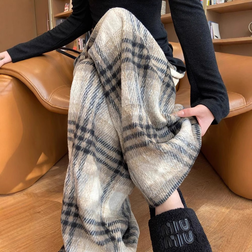 加绒加厚毛呢格子裤女秋冬新款复古黑白格阔腿宽松慵懒休闲直筒裤