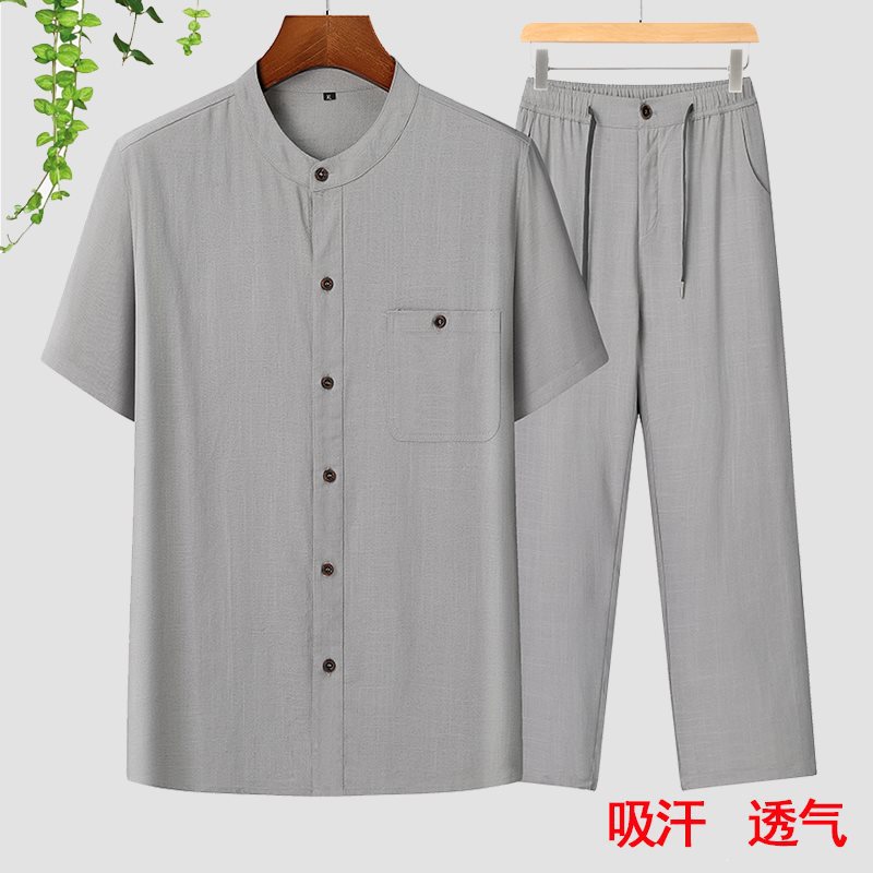 [Linen Two-Piece Set] Men's Summer Breathable Cool Non-Clamming Short-Sleeved Set for Middle-Aged and Elderly Men, Dad's Clothing