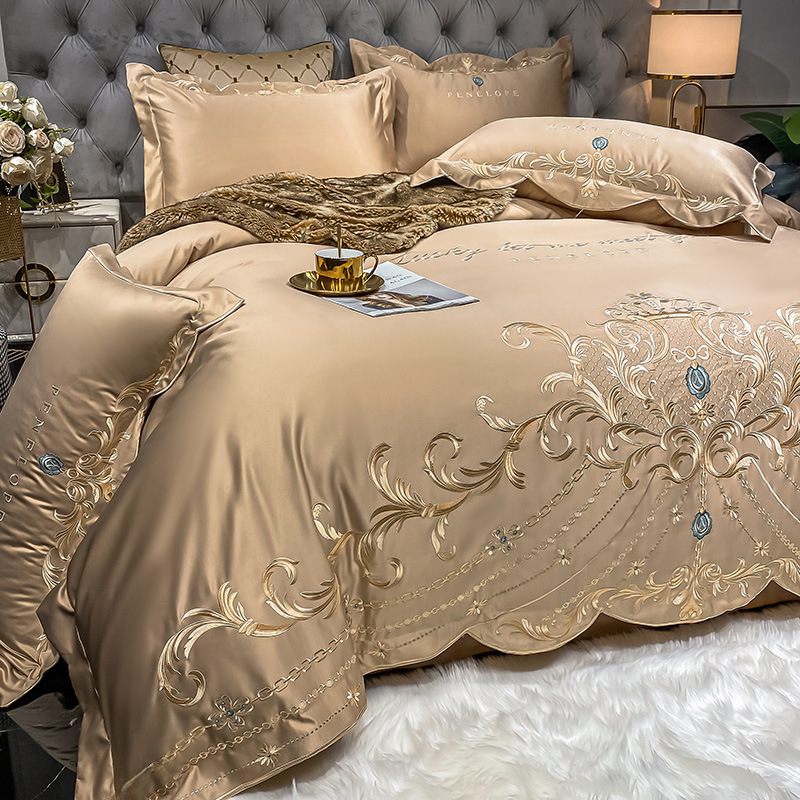 European-style bed sheet set of four pieces 100% cotton high-end and elegant ice silk duvet cover set pure cotton wedding bed linens