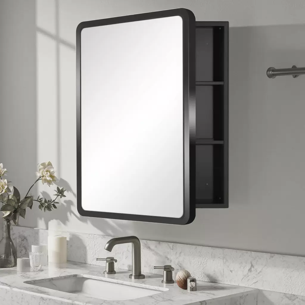 跨境电商热销浴室镜柜铁镜柜黑色圆角16*26英寸卫生间浴室柜