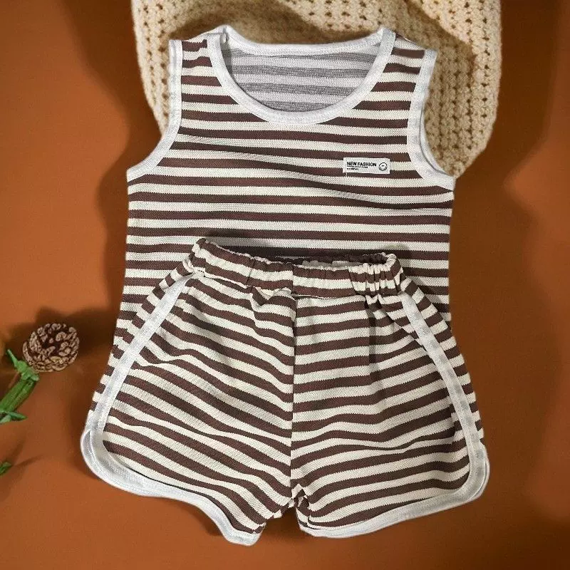 儿童夏款条纹背心套装男女童夏季薄款坎肩套装时尚无袖T短裤套装