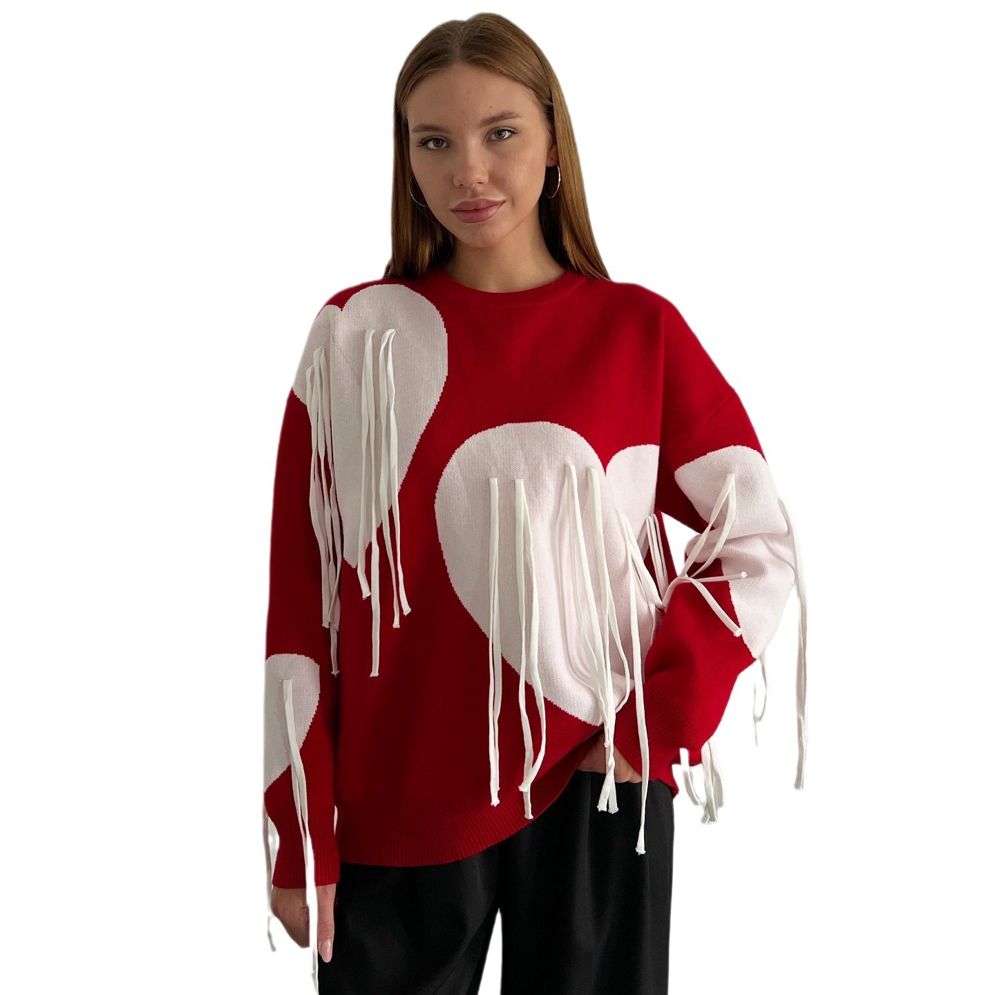 Women's Clothing bow heart tassel color matching sweater slim fit versatile_voghion.com