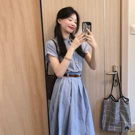大码法式蓝色条纹衬衫连衣裙夏季胖MM文艺复古POLO领显瘦收腰长裙