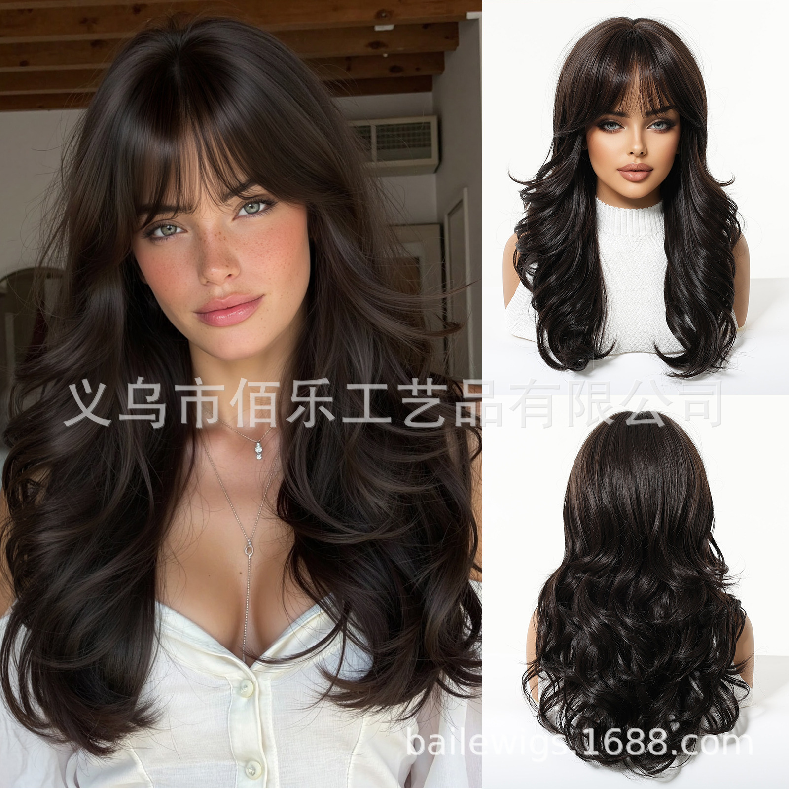 Pelucas de cabello de mujer gris frange largo rizado fibra química pelucas de cabello europeo al por mayor en stock
