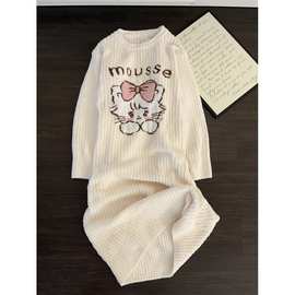 可爱卡通猫咪针织半边绒睡裙女秋冬新款加厚毛绒家居服可外穿睡衣