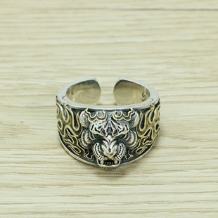 Punk style retro s925 pure bank tide domineering tiger head men's ring Thai silver index finger ring opening silver ring ring