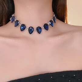 欧美风格轻奢百搭晚宴感华美重工多颗蓝宝石款项链颈链choker