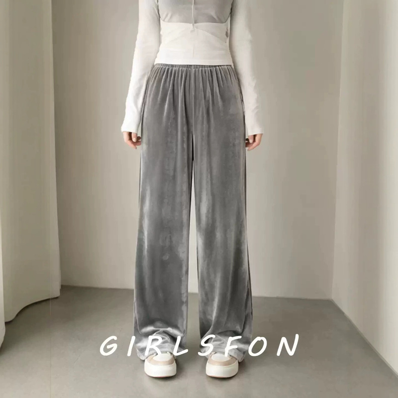 Plus-size women's velvet wide-leg straight-cut long pants, 2026 autumn collection, loose-fitting and slimming casual pants, for cross-border Amazon sales