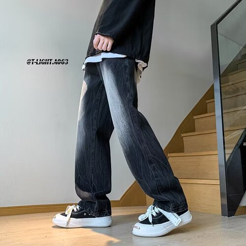 Oversized Pants from Douyin & Kuaishou: Retro Workwear Tie-Dye Gradient Black Denim Trousers with High-Street Vibe, Flared-Leg Design