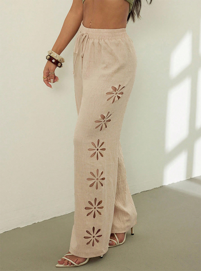 Women's Clothing Women's Casual Trousers Drawstring Hollow Out Solid Color Loose Wide Leg Pants Simple Style_ecoleips.com