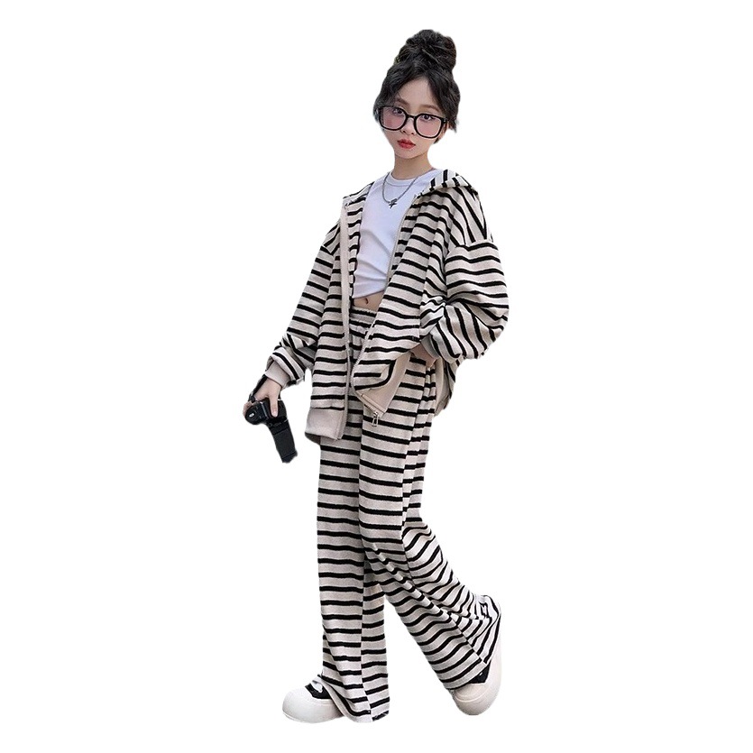 Traje de niñas ropa de otoño 2023 nueva moda para niños estilo occidental camisa de cremallera a rayas traje de dos piezas de moda casual para niños grandes