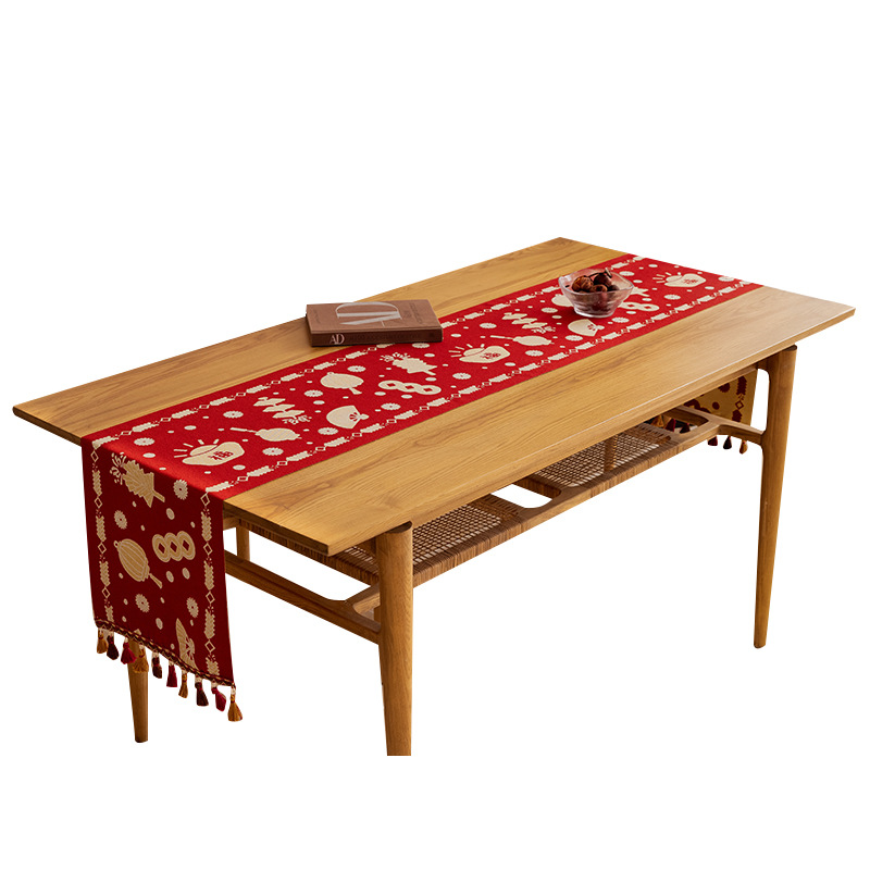 Chinese Style New Year Festive Red Restaurant Table Tassel Color Woven Jacquard Wedding Decoration Dining Cabinet Cover_voghion.com