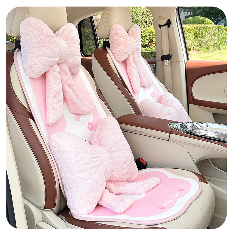 Blue Rain Original Plush Car Headrest and Lumbar Support with Cute Bow, Neck Pillow for Car, Comfortable Waist Support Car Pillow