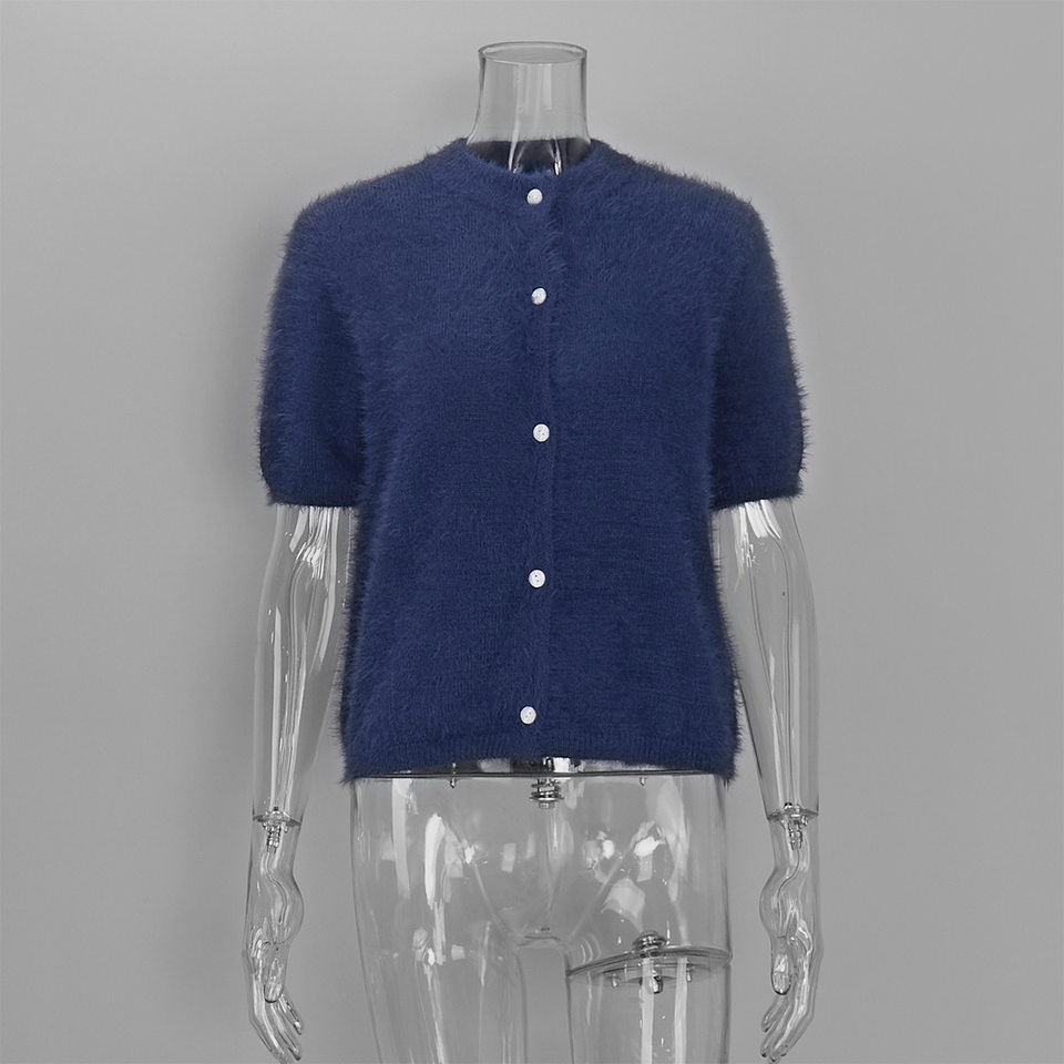 Áo cardigan dệt kim tay ngắn cổ bán cao ôm dáng phong cách retro — Màu hồng, Màu hồng cánh sen, Màu trắng, Màu tím chi tiết 50