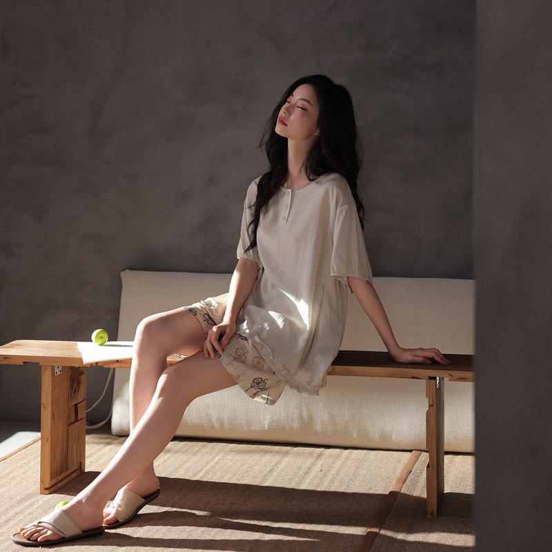 [100% Lyocell] Wabi-Sabi Style Pure Tencel Home Wear Ruffled Short-Sleeved Suit Pajamas for Women Summer Home Wear