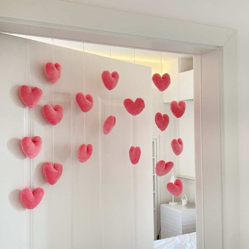 Pink Heart Hanging Curtain, High-Looking Bedroom Door, Floor-To-Ceiling Window, Wall Partition Decorative Bead Curtain, Punch-Free Door Curtain Decoration
