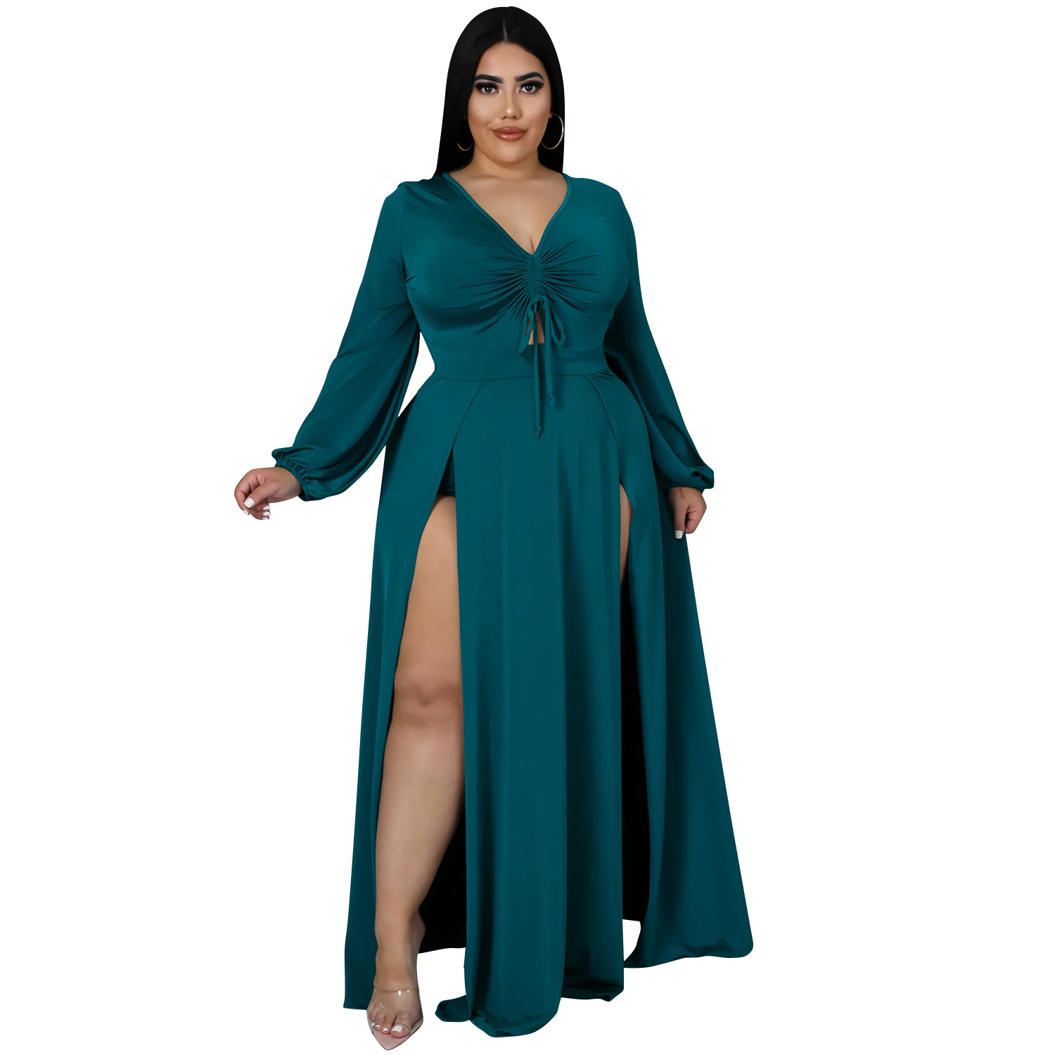 Solid Color Plus Size V-Neck Long-Sleeved Hollow Split Lace-Up Dress With-Separate-Panty NSXYZ110900