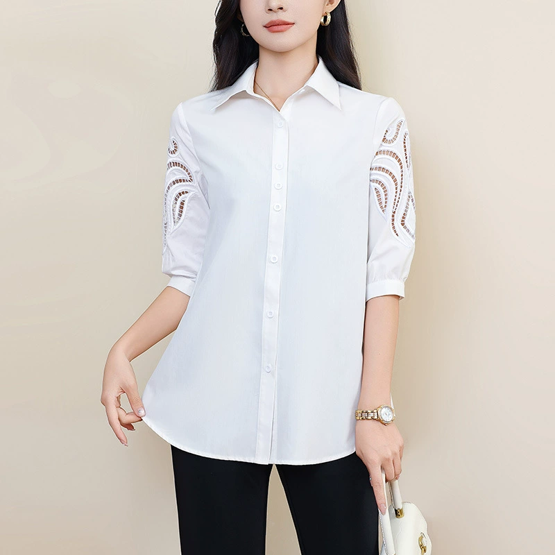 279 белая рубашка женская 2025 топ среднего размера с рукавом 3/4 плюс размер женская вышитая свободная рубашка с рукавом 3/4 для похудения