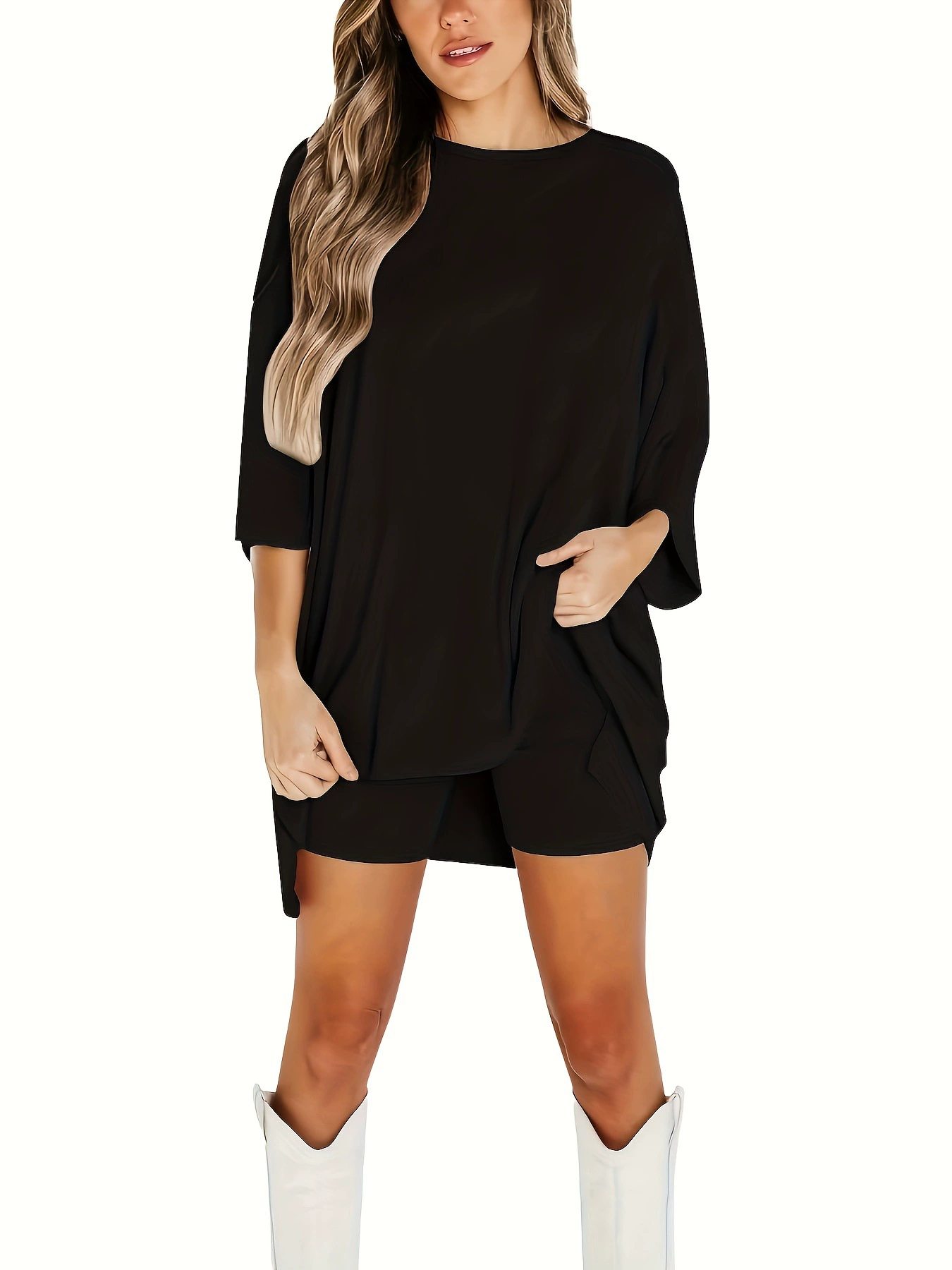 Женский повседневный комплект из 2 предметов больших размеров, однотонный, эластичный, свободный