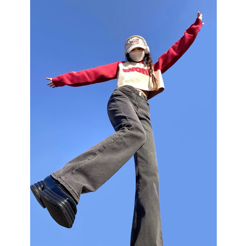 Black Grey Jeans Women's Spring 2025 New Retro High Waist Slimming Stretch Spice Girls Micro Long Pants Ins